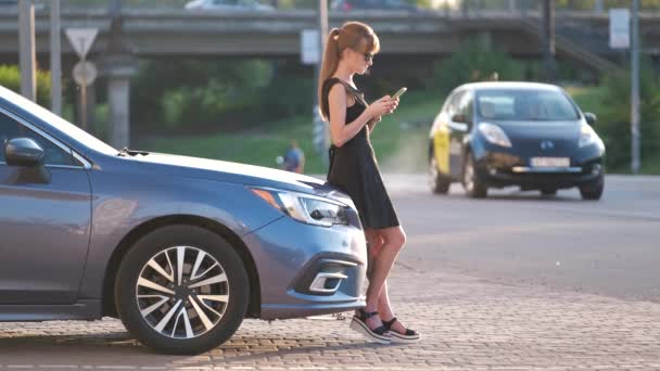 Aracının yanında duran şık kadın sürücü yazın şehir caddesinde cep telefonuyla konuşuyor. — Stok video