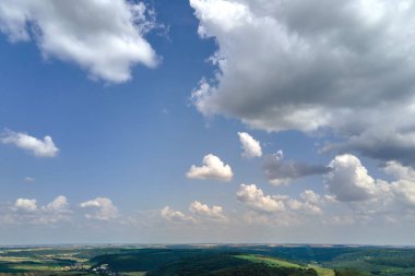 Açık mavi gökyüzünün açık hava manzarası yeşil ekili tarlalar, büyüyen ekinler ve parlak yaz gününde uzak ormanlık alanlar.