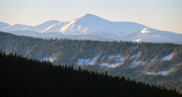 Panorámás hegyvidéki táj havas magas csúcsokkal és erdős völgyekkel — Stock Fotó