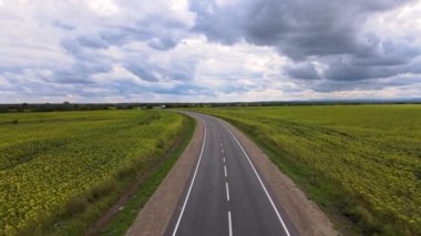 Hızlı giden arabalarla yeşil tarımsal alanlar arasındaki şehirlerarası yolun havadan görünüşü. Karayolu trafiğinin insansız hava aracı görüntüsü