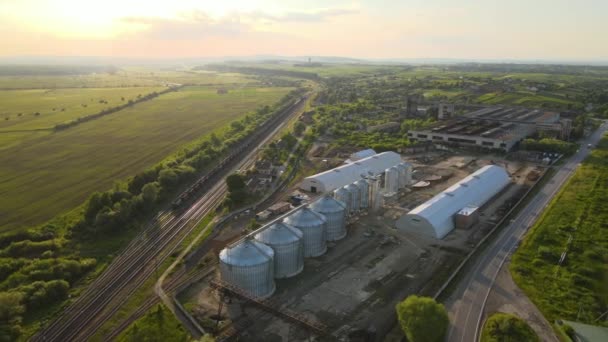 Vista aérea de silos industriales ventilados para almacenamiento a largo plazo de granos y semillas oleaginosas. Elevador metálico para secado de trigo en zona agrícola — Vídeos de Stock