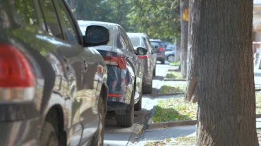 Sokak kenarında park halindeki arabalarla şehir trafiği