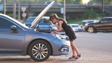 Kaputu açık halde arabasının yanında duran çaresiz bir kadın cep telefonundan yardım için yol servisini arıyor. Genç bayan sürücünün aracıyla ilgili sorunları var