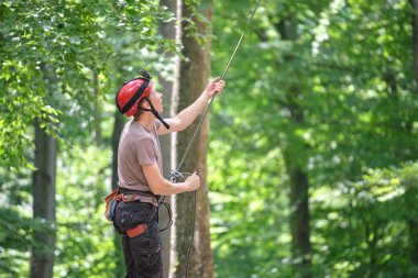 Adam bağlanma cihazı ve iple ortağını bağlıyor. Tırmanışçılar kaya dağcılığı güvenliği için ekipman tutuyor.