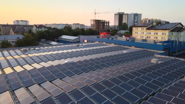 Αεροφωτογραφία του σταθμού ηλιακής ενέργειας με μπλε φωτοβολταϊκά πάνελ τοποθετημένα σε στέγη βιομηχανικού κτιρίου για την παραγωγή πράσινης οικολογικής ηλεκτρικής ενέργειας. Παραγωγή έννοιας της βιώσιμης ενέργειας — Αρχείο Βίντεο