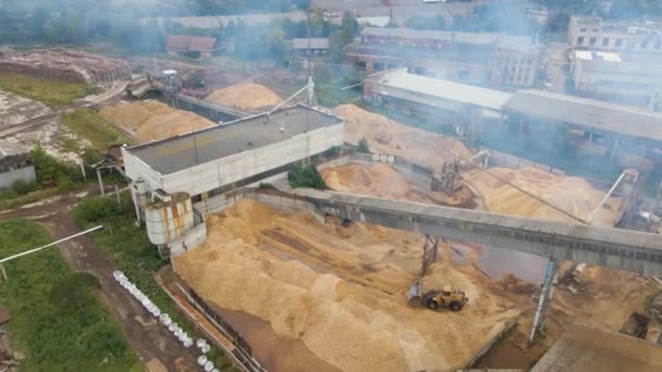 Luchtfoto van een houtverwerkingsfabriek met rook afkomstig van een productieproces vervuilende atmosfeer in een fabriek — Stockvideo