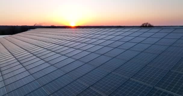 Flygfoto av solkraftverk med blå solcellspaneler monterade på industribyggnadens tak för att producera grön ekologisk el. Produktion av begreppet hållbar energi — Stockvideo