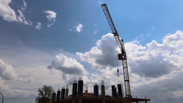 Věžové jeřáby a profesionální pracovníci na vysoké betonové obytné budově ve výstavbě. Koncept developmentu nemovitostí — Stock video