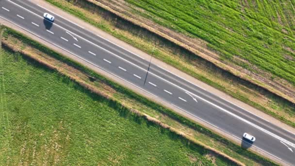 Luftaufnahme der Überlandstraße zwischen grünen landwirtschaftlichen Feldern mit schnell fahrenden Autos. Draufsicht von der Drohne auf den Autobahnverkehr — Stockvideo