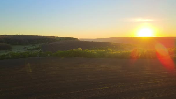 Zicht vanuit de lucht op omgeploegde landbouwvelden met bebouwde vruchtbare grond, voorbereid voor het planten van gewassen tussen groene bossen in het voorjaar bij zonsondergang — Stockvideo