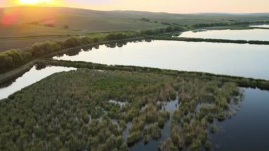 Aerial view of fish hetching pond with blue water in aquacultural area