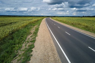 Yeşil tarım alanları arasındaki boş şehirlerarası yolun havadan görünüşü. Karayolu insansız hava aracının üst görüntüsü