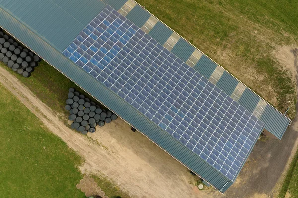 Vista aérea de paneles solares fotovoltaicos azules montados en el techo del edificio de la granja para producir electricidad ecológica limpia. Concepto de producción de energías renovables —  Fotos de Stock