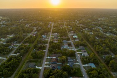 Aerial view of suburban landscape with private homes between green palm trees in Florida quiet residential area