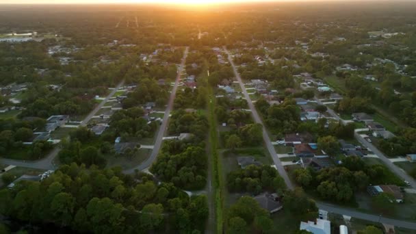 Aerial landscape view of suburban private houses between green palm trees in Florida quiet rural area at sunset — ストック動画