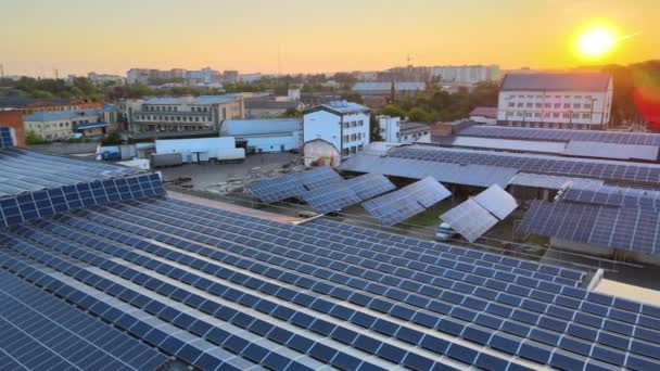 Vista aerea di pannelli solari fotovoltaici blu montati sul tetto dell'edificio industriale per produrre elettricità ecologica verde al tramonto. Produzione di concetto di energia sostenibile — Video Stock