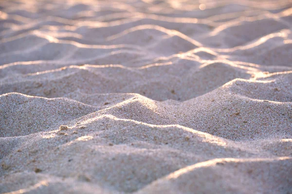 Zbliżenie czystej żółtej powierzchni piasku pokrywającej nadmorską plażę oświetloną wieczornym światłem. Koncepcja podróży i wakacji — Zdjęcie stockowe
