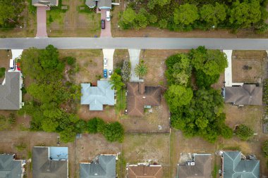 Florida kırsal kesimindeki yeşil palmiye ağaçları arasındaki banliyö özel evlerinin hava manzarası