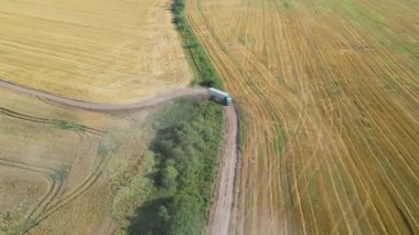 Tarımsal buğday tarlaları arasında toprak yolda giden kamyon görüntüsü. Hasat mevsiminde hasatçıların topladığı tahıl naklinden sonra.