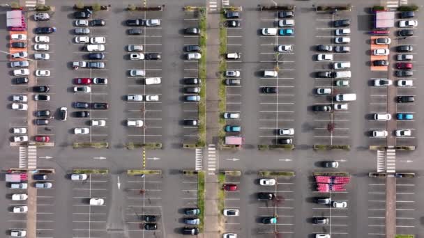 Aerial view of many colorful cars parked on parking lot with lines and markings for parking places and directions — Stock Video