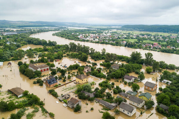 Aerial view of flooded houses with dirty water of Dnister river in Halych town, western Ukraine.