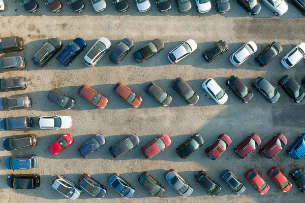 Aerial View Many Colorful Cars Parked Dealer Parking Lot Sale — Fotografia de Stock