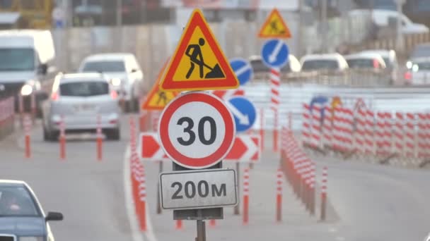 Roadworks Warning Traffic Signs Construction Work City Street Slowly Moving — Stock Video