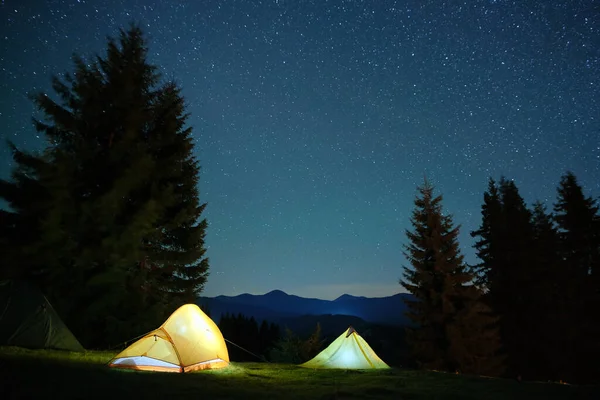 Bright Illuminated Tourist Tents Glowing Camping Site Dark Mountains Night — Stock Photo, Image