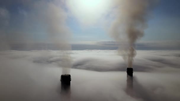 Coal Power Plant High Pipes Black Smoke Moving Upwards Clouds — Wideo stockowe