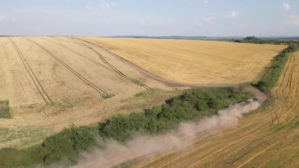 Aerial View Cargo Truck Driving Dirt Road Agricultural Wheat Fields — Stock Video