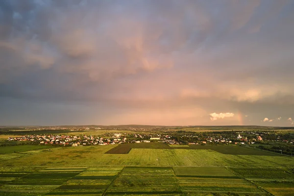 Letecký Pohled Krajinu Zeleně Obdělávaných Zemědělských Polí Rostoucí Úrodou Vzdálenými — Stock fotografie