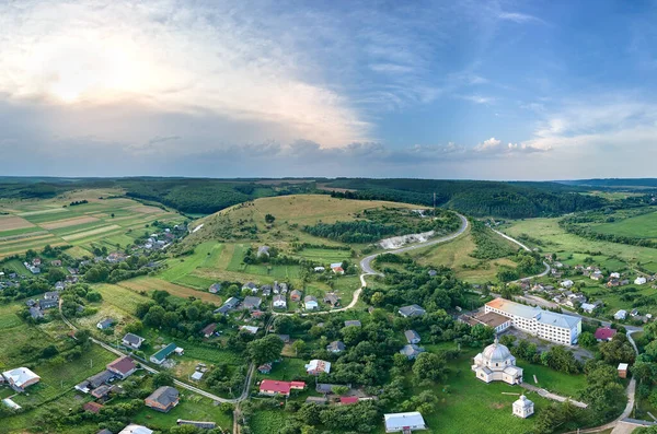 Aerial Landscape View Village Houses Distant Green Cultivated Agricultural Fields — Stock Photo, Image