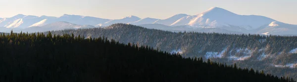 Karlı Yüksek Tepeleri Ormanlık Vadisi Olan Panoramik Dağ Manzarası — Stok fotoğraf