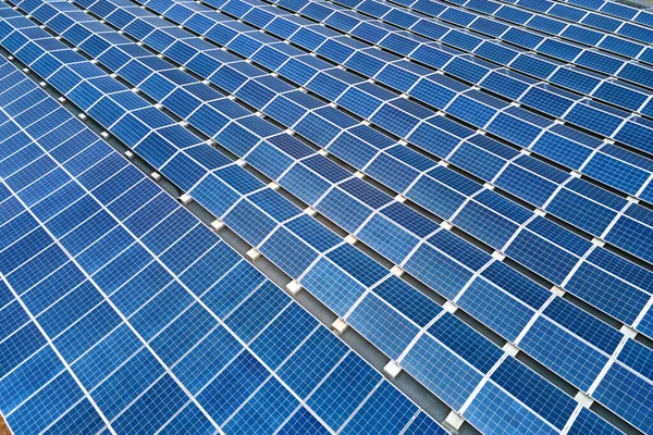 Aerial View Blue Photovoltaic Solar Panels Mounted Industrial Building Roof — Stock Photo, Image