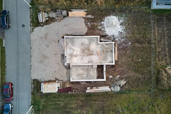 Vista Aérea Las Obras Construcción Nueva Casa Cimentación Hormigón Sitio — Foto de Stock