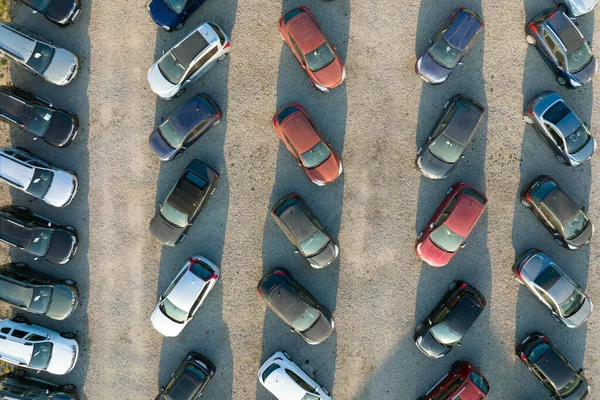 Aerial View Many Colorful Cars Parked Dealer Parking Lot Sale — стоковое фото