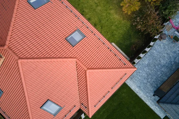 Closeup Attic Windows House Roof Top Covered Ceramic Shingles Tiled — Zdjęcie stockowe