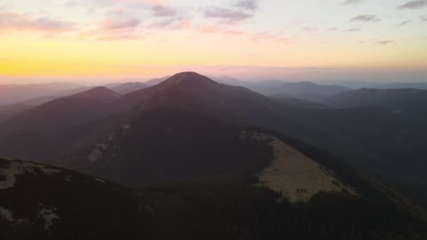 秋の日の出で山の森の木々と暗いピークの上に明るい霧の朝の空中ビュー 夜明けに野生の森の美しい景色 — ストック動画