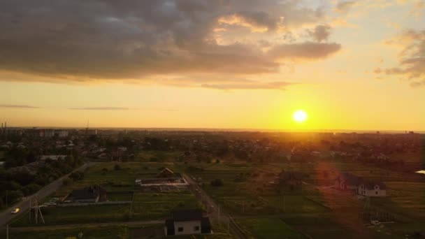 Aerial Landscape View Village Houses Distant Green Cultivated Agricultural Fields — Stock Video