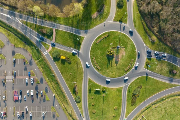 Aerial View Road Roundabout Intersection Moving Heavy Traffic Urban Circular — Stockfoto