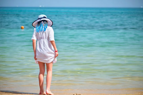 Back View Child Girl White Dress Big Hat Blue Ribbons — Foto Stock