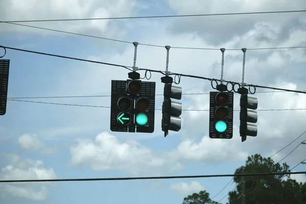 Bright Green Traffic Lights High Street Blue Sky Background — Stockfoto