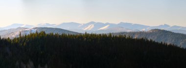 Karlı yüksek tepeleri ve ormanlık vadisi olan panoramik dağ manzarası.