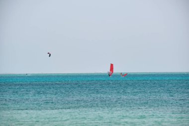 İnsanlar rüzgar sörfü ve uçurtma sörfü yapıyor mavi okyanus suyunda. Yaz aşırı egzotik spor konsepti.