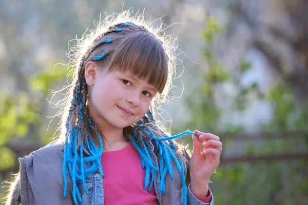 Portrait Happy Smiling Young Teen Girl Casual Clothes Blue Ribbons — Zdjęcie stockowe