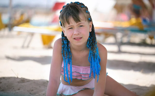 Pretty Child Girl Bikini Swimsuit Playing Sand Umbrella Shadow Summer — Fotografia de Stock