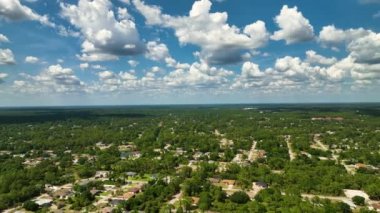 Florida 'nın sakin kırsal kesimindeki yeşil palmiye ağaçları arasındaki banliyö özel evlerinin hava manzarası.
