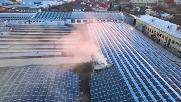 为生产绿色生态电力而安装在工业建筑物屋顶上的蓝色光电太阳能电池板的空中视图 可持续能源概念的产生 — 图库视频影像