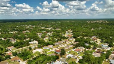 Florida 'nın sakin kırsal kesimindeki yeşil palmiye ağaçları arasındaki banliyö özel evlerinin hava manzarası.