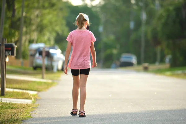Back View Sad Young Child Girl Walking Alone Green Street — Stockfoto